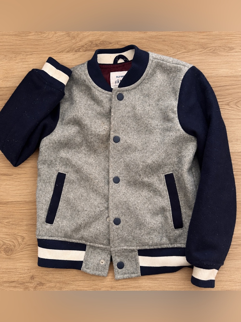 Old Navy Boys M 8 Wool Blend Varsity Bomber Jacket Gray Navy Pockets
